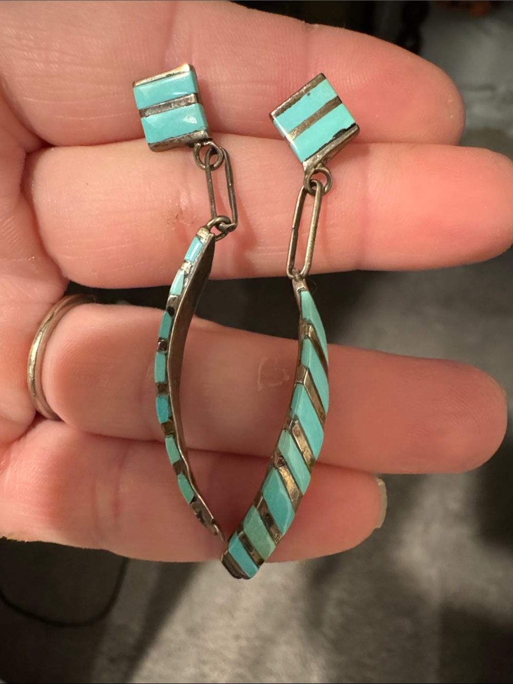 Vintage Zuni 925 Sterling Silver Turquoise Inlay Dangle Earrings